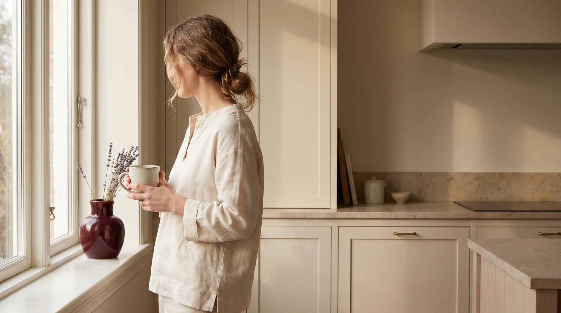 Editorial photograph of a woman with a mug at a kitchen window, three-quarter view, oxblood ceramic vase with dried lavender on the sill, cream linen pullover.