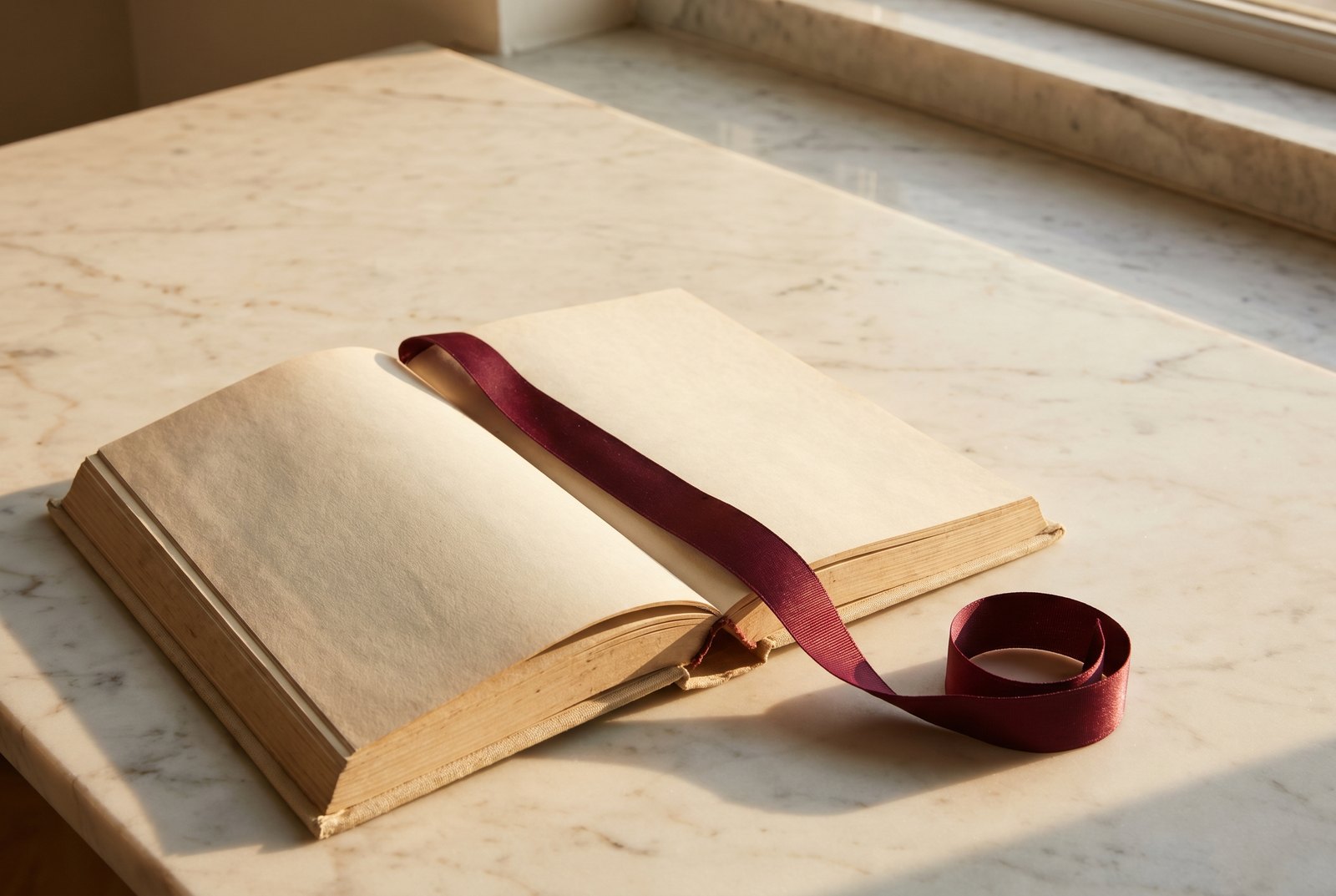 An open clothbound book with an oxblood satin ribbon trailing off the page edge onto cream marble, late-afternoon raking light.